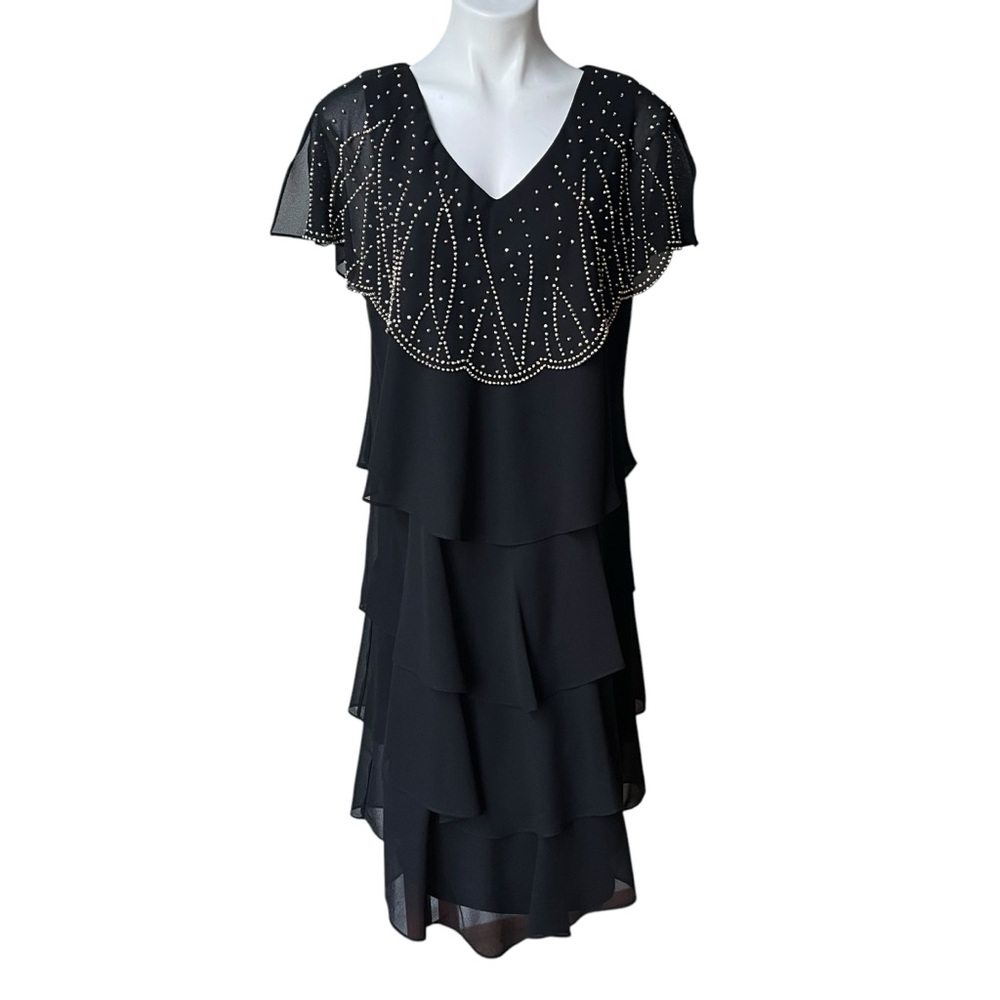 Patra by Joanna Chen Vintage Black Ruffled Gold Beaded Tiered Flapper Dress
